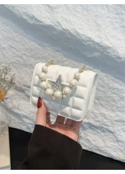 1 قطعة حقيبة مسائية مربعة ذات نجمة خماسية من اللؤلؤ وشبكة الماس، بتصميم فريد مزود بسلسلة كتف، مريحة وقابلة للا