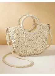 حقيبة قش مزينة بأزهار اصطناعية، حقيبة نسائية على شكل هلال، حقيبة يد قابلة للحمل عبر الجسم، حقيبة للشاطئ