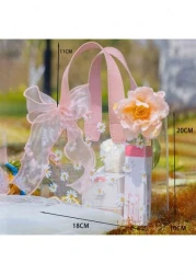 1 حقيبة بلاستيكية شفافة تطبع عليها زهور الأقحوان، حقيبة هلامية مطبوع عليها زهور رقيقة مع فيونكة للهدايا