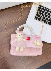 1 حقيبة صغيرة للأطفال الصغار حقيبة لؤلؤ يمكن قلب الحقيبة، حقيبة أميرة ذات سلسلة، حقيبة كتف مربعة صغيرة، حقيبة