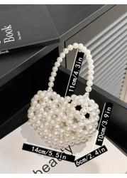 1pc Girls Heart Shaped Handbag With Faux Pearl Decoration Handmade Beaded Accents Open Top Design Suitable For Festival Gift Or Spring Summer Daily Dressing Matching