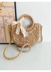 حقيبة كتف واحد رسمية عصرية قابلة للسحب من أعلى، قطعة واحدة، زخرفة فراشة مضفورة، حقيبة قش للفتاة بطراز شاطئي