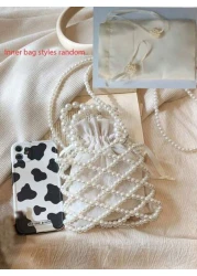 1PC French Retro Fairy Bag Woven Beaded Bucket Bag Hand Held Crossbody Bag Early Spring Pearl Bag Niche Design Hollow Pearl Bag Perfect Gift For Girls Suitable For Daily Use Random Style