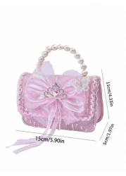 1pc Kids Bow Knot Crown Decor Handbag Pearl Accent Tassel Pouch For School Work Travel