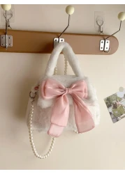 1 Pc Cute Mini Kids Pink Big Bow Soft Plush Handbag Fall Winter Pearl Shoulder Strap Crossbody Bag Lightweight Square Bags For Girls Students For Festivals Vacation Holiday Fashion Accessory