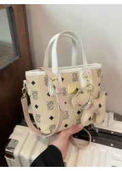 1PC Handbag Fashion Texture Letter Cute Cartoon Bear Print Popular Bucket Bag Korean Small Bag Multifunctional One Shoulder Crossbody Girl s Bag Suitable For Teenagers Going Out For Camping Travel Use