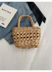 Girls Bow Straw Handbag Mini Woven Basket Bag Vacation Style
