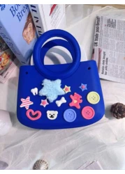 1pc EVA Solid Color Waterproof DIY Tote Bag Beach Basket Fashionable Hollow Out Travel Handbag