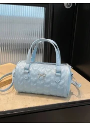 1 Pc New Design Girls Solid Color Heart Quilted Pattern Pu Material Barrel Shaped Handbag Adjustable Detachable Shoulder Strap For Crossbody Or Hand Carry Zipper Closure Stylish And Versatile For Outi