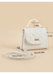 1pc Kids Girls Quilted Handbag With Butterfly Pearl Decor Fashionable Shoulder Bag