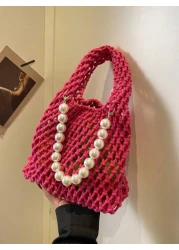 1pc Handbag Open Top Opening And Closing Niche Pearl Hollow Design Bag For Girl New Summer Fashion Braided Small Bag Casual And Versatile Beach Bag Suitable For Daily Outings And Vacations A Perfect G