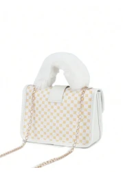 1pc Girl s Vintage Printed Plush Handbag Cute Metal Chain Crossbody Bag Casual Mobile Bag Ideal Choice For Gifts