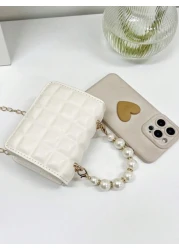 1 Piece Pu Magnetic Buckle Niche Design Solid Color Square Mini Pearl Handbag Ins Korean Exquisite Chain Shoulder Messenger Bag Shoulder Strap Comfortable Smooth And Versatile Suitable For Daily Outin