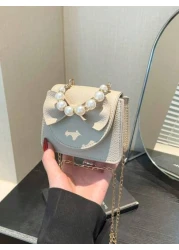 1 Piece Pu Magnet Closure Fashion Sweet Lychee Pattern Faux Pearl Bow Handbag Niche Design Highly Attractive Chain Mini Shoulder Crossbody Change Lipstick Bag Suitable For Teenagers Travel Shopping Pa