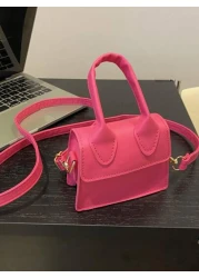 1 حقيبة يد صغيرة لون أحادي من جلد البو لي يوريثان، إغلاق قابل للطي، طراز موضة رجعية ذات حمّالة وكتف، مناسبة للا