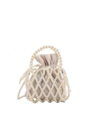 1pc Girls Plastic Nylon French Retro Beaded Bucket Pearled Handbag Suitable For Spring Summer Daily Use Crossbody Vertical Or Horizontal Random Inner Lining Random