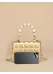 1pc Mini Girl s Textured Plaid PU Flap Minimalist Versatile Pearl Handbag Suitable For Daily Use