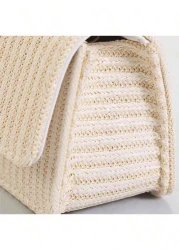 Straw Crossbody Bag Portable Faux Pearl Beaded Lace Bow Decor Handbag Ideal Gift Choice