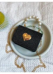 حقيبة يد صغيرة معدنية بسلسة لؤلؤية، حقيبة كتف صغيرة للأطفال، حقيبة صغيرة مربعة