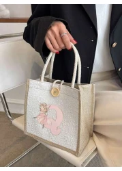 1 Piece Pink Floral Letter Printed Handbag Holiday Gift Bag Storage Bag Shopping Bag Multifunctional Lightweight Daily Travel Vacation Outdoor Shopping Supermarket Holiday Classic Simple Solid Color C