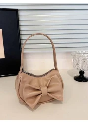 1pc Handbag Pu Zipper Opening And Closing New Style Small Elegant And Sweet Handbag Shoulder Bag Korean Style Small Bag Textured Bow Shoulder Bag Comfortable Shoulder Strap Suitable For Daily Outings