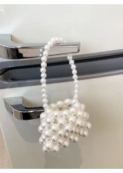 1pc Girls Solid Color Cute Handmade Pearl Beaded Open Mouth Handbag Suitable For Holiday Decoration