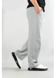 bombe Men's Gray Comfortable Fit Bagy Trousers Linen Belted Drawstring Soft Fabric Blend Trousers
