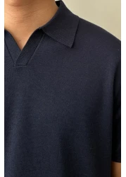 Tarz Cool Men's Navy Blue Placket Short Sleeve Polo Neck Knitwear T-Shirt