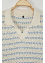  Collection Ecru Regular Striped Textured Knitwear Polo Neck T-Shirt Tmnss25Po00007