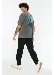  Collection Anthracite Crew Neck Oversize Printed T-Shirt - Short Sleeve, Acid Washed Tmnss22Ts0838