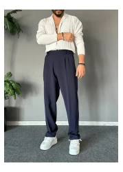 THEMANN Elastic Waist Pleated Navy Blue Baggy Fit Trousers