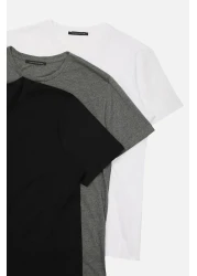  Collection Black-Anthracite Melange-White Slim Fit Crew Neck 100% Cotton 3-Pack T-Shirt - TMNSS19BO0007