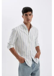 Defacto Oxford Polo Neck Stripe Shirt - Regular Fit, Long Sleeve, Button, Cotton D3500Ax24Au