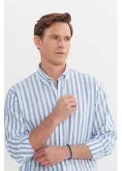 AC&Co / Altınyıldız Classics Men's Blue-White 100% Cotton Comfort Fit Relaxed Fit Buttoned Collar Striped Shirt