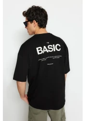  Collection تي شيرت قطني أسود كبير الحجم مطبوع عليه نص - TMNSS23TS00263