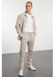  Collection Beige Regular Fit Knitted Stretchy Comfortable Tie Waist Elastic Double Leg Fabric Trousers Tmnaw25Pl00002