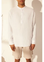  Collection Premium White 100% Linen - Prevailing Neckline Half Placket Shirt Tmnss24Go00057