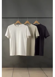  Collection Stone-Ecru-Anthracite Slim/Narrow Cut Crew Neck Basic 100% Cotton 3 Pack T-Shirts Tmnss19Bo0007
