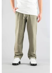 bombe Men's Khaki Linen Trousers Comfortable Fit Belted Drawstring Elastic Waist Linen Trousers