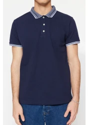  Collection Navy Blue Slim/Narrow Cut 100% Cotton Polo Neck T-Shirt Tmnss22Po00014