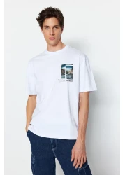  Collection White Oversize/Wide Cut Short Sleeve Landscape Printed 100% Cotton T-Shirt Tmnss23Ts00242