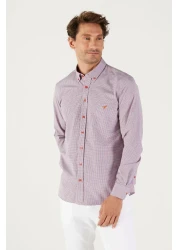 AC&Co / Altınyıldız Classics قميص رجالي مخطط بقصة ضيقة باللون الأزرق الداكن والأحمر وياقة بأزرار وياقة بأزرار وشعار قطن وجيب