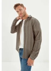  Collection Beige Slim Fit Button Collar Thin Striped Shirt Tmnss20Go0092