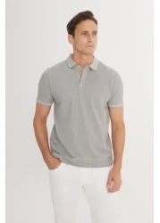 AC&Co / Altınyıldız Classics تي شيرت رجالي من القطن ذو رقبة بولو رمادية بقصة ضيقة - غير قابل للانكماش وغير قابل للتجعيد