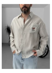 BYBASICMAN Beige Striped Pocket Embroidered Shirt G-5612/1