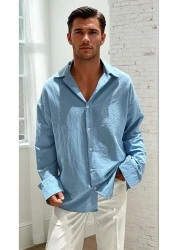 King Brothers قميص رجالي من Ayrobin ذو مظهر كتان فضفاض باللون الأزرق الفاتح