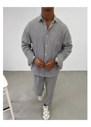 King Brothers قميص رجالي قطني مخطط باللون الأسود - جيب، كم طويل، مقاس فضفاض