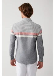 Avva Men's Navy Blue Cotton Linen Blended Striped Shirt A31Y2264