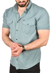 DeepSea Men's Green Slim Fit Cotton Lycra Short Sleeve Shirt Easy-Iron Snap Pocket Sports Shirt