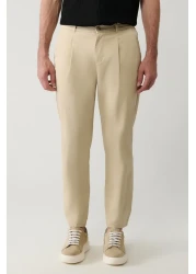 Avva Men's Beige Relaxed Fit Cotton Blend Classic Waist Trousers A41Y3037